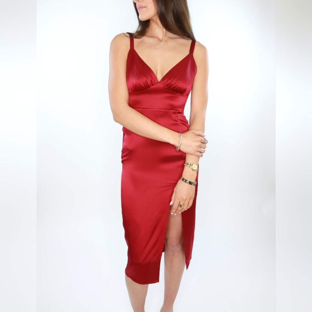 NEW Amanda Uprichard Holiday Leilani 100% Silk Midi Dress – Scarlet Red, Size LG - Picture 3 of 11